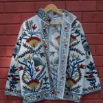 Womens White Velvet Embroidered Jacket with Floral Design