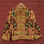 Womens Yellow Velvet Embroidered Jacket with Floral Design