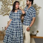 Couple Matching White And Blue Printed Cotton Anarkali Midi Dress & Shirt Set ? Summer Casual Wear