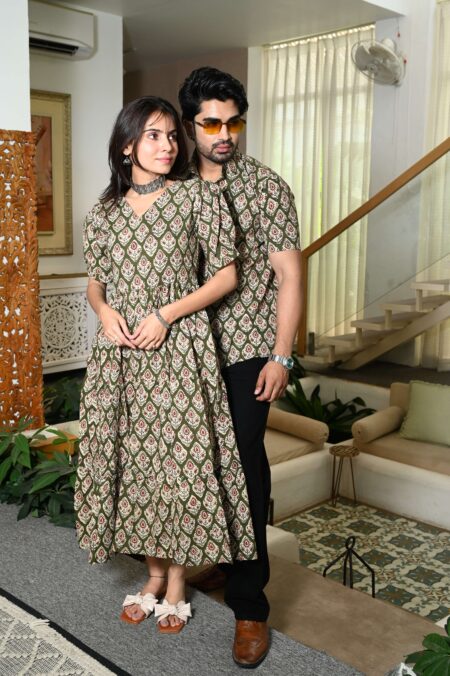 Couple Matching Green Cotton Anarkali Midi Dress and Shirt Set ? Ethnic Motif Print