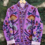 Womens Purple Velvet Embroidered Jacket with Floral Design
